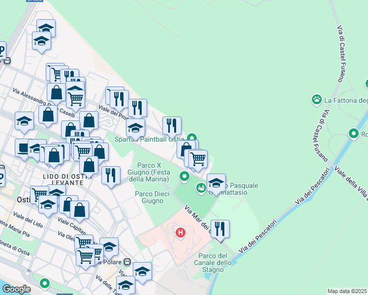 map of restaurants, bars, coffee shops, grocery stores, and more near 418 Viale dei Promontori in Lido di Ostia