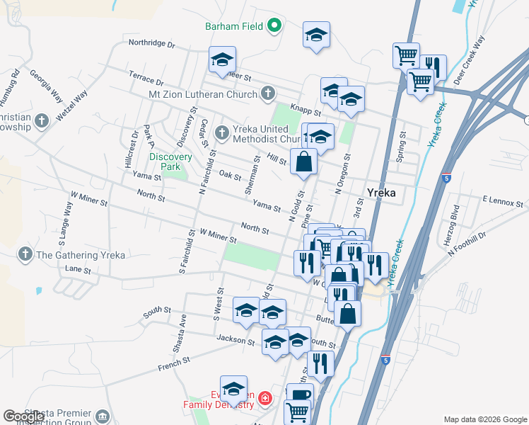 map of restaurants, bars, coffee shops, grocery stores, and more near 633 Yama Street in Yreka