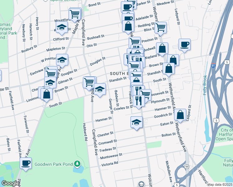 map of restaurants, bars, coffee shops, grocery stores, and more near 16 Baldwin Street in Hartford