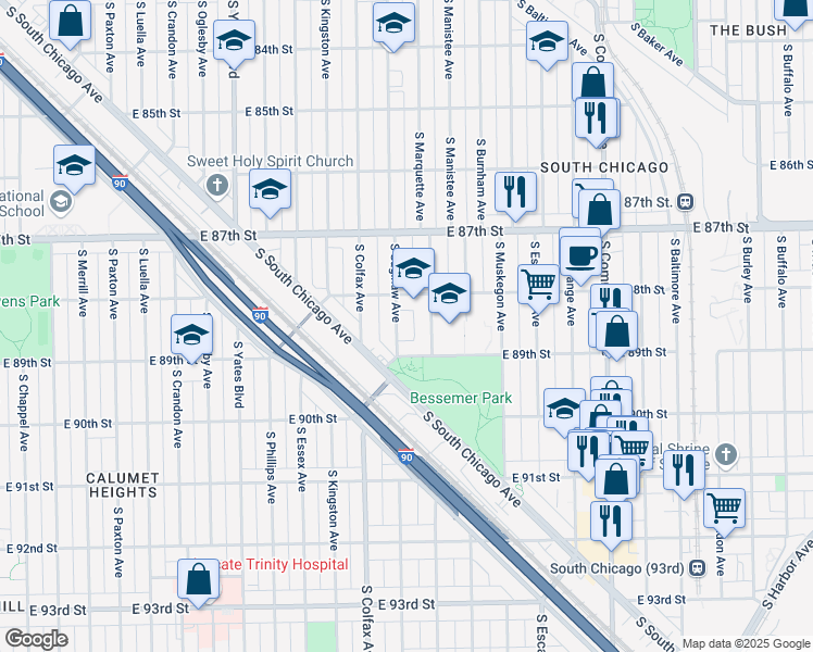 map of restaurants, bars, coffee shops, grocery stores, and more near 8829 South Saginaw Avenue in Chicago