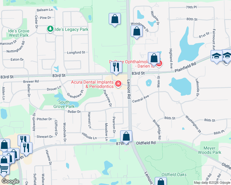 map of restaurants, bars, coffee shops, grocery stores, and more near 8421 Chicory Court in Darien