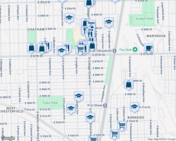 map of restaurants, bars, coffee shops, grocery stores, and more near 8806 South Cottage Grove Avenue in Chicago