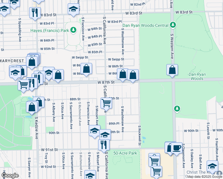 map of restaurants, bars, coffee shops, grocery stores, and more near 8726 South Fairfield Avenue in Evergreen Park