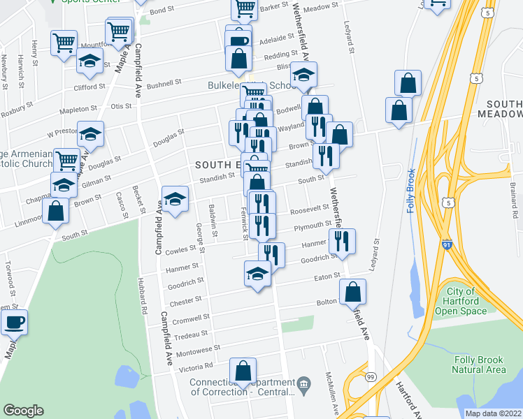 map of restaurants, bars, coffee shops, grocery stores, and more near 523 Franklin Avenue in Hartford