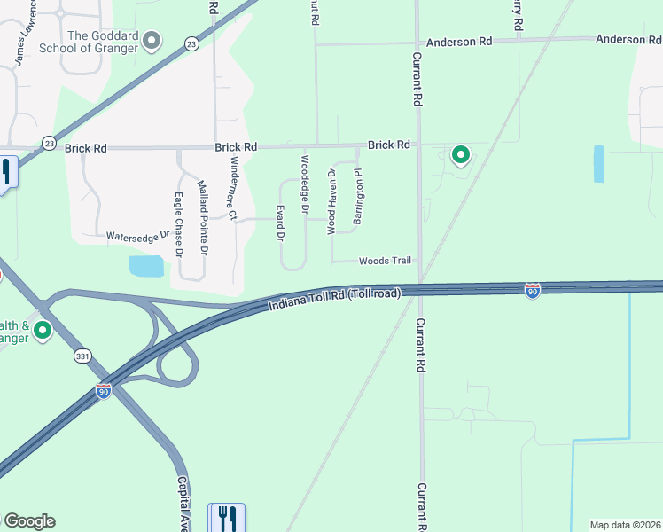 map of restaurants, bars, coffee shops, grocery stores, and more near Wood Haven Court in Granger