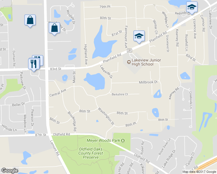 map of restaurants, bars, coffee shops, grocery stores, and more near 8408 Lakeside Drive in Downers Grove