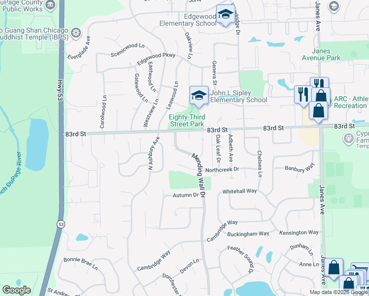map of restaurants, bars, coffee shops, grocery stores, and more near 8329 Mending Wall Drive in Woodridge
