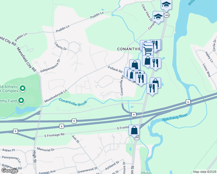 map of restaurants, bars, coffee shops, grocery stores, and more near 71 Eastbrook Heights in Mansfield