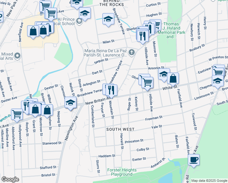 map of restaurants, bars, coffee shops, grocery stores, and more near 614 New Britain Avenue in Hartford