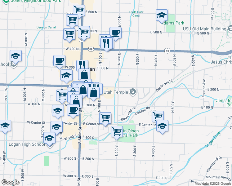 map of restaurants, bars, coffee shops, grocery stores, and more near 181 North 200 East in Logan