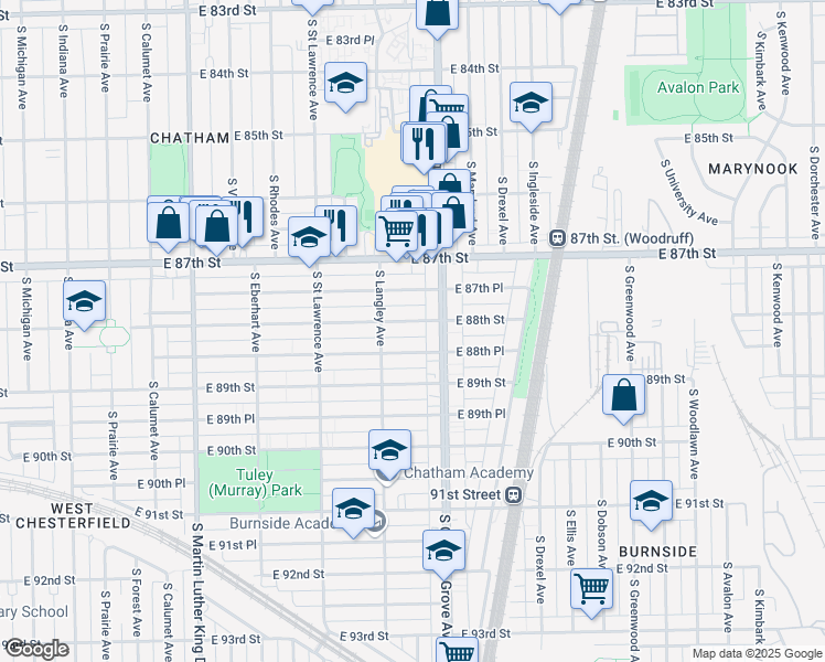 map of restaurants, bars, coffee shops, grocery stores, and more near 731 East 88th Street in Chicago