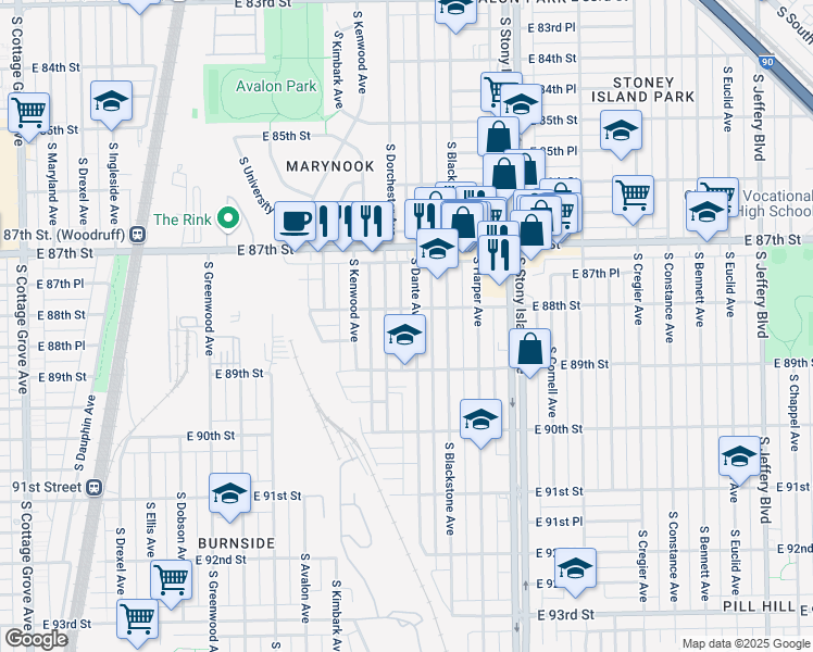 map of restaurants, bars, coffee shops, grocery stores, and more near 8814 South Dante Avenue in Chicago