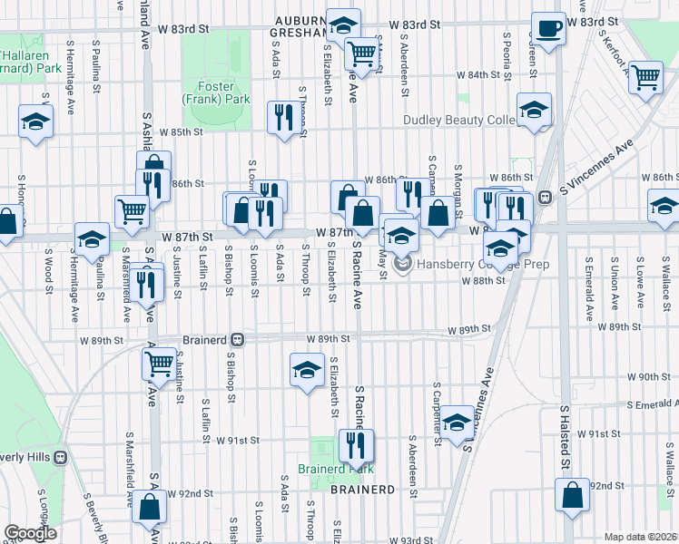 map of restaurants, bars, coffee shops, grocery stores, and more near 8747 S Elizabeth St in Chicago