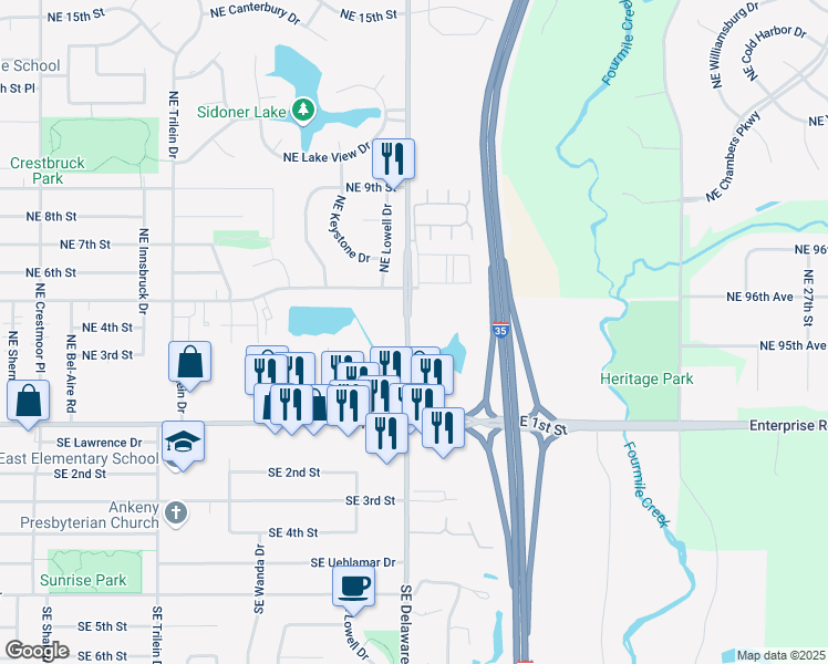 map of restaurants, bars, coffee shops, grocery stores, and more near 415 Northeast Delaware Avenue in Ankeny