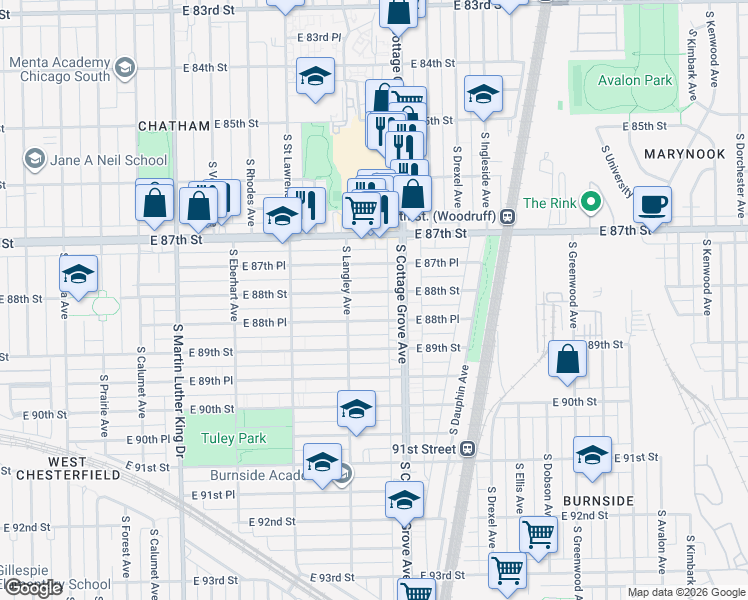map of restaurants, bars, coffee shops, grocery stores, and more near 731 East 88th Street in Chicago