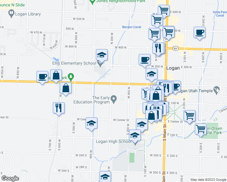 map of restaurants, bars, coffee shops, grocery stores, and more near 154 North 300 West in Logan