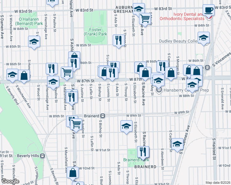map of restaurants, bars, coffee shops, grocery stores, and more near 8740 South Ada Street in Chicago