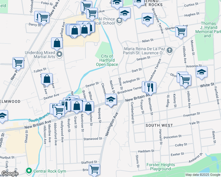 map of restaurants, bars, coffee shops, grocery stores, and more near 43 Natick Street in Hartford