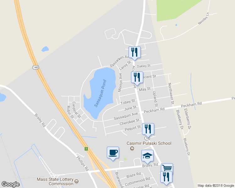 map of restaurants, bars, coffee shops, grocery stores, and more near 1453 Morton Avenue in New Bedford