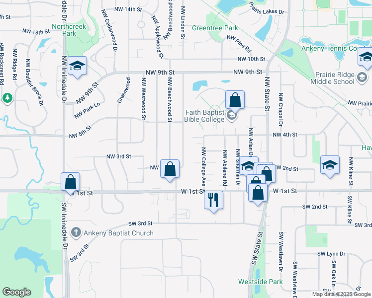 map of restaurants, bars, coffee shops, grocery stores, and more near 305 Northwest Linden Street in Ankeny