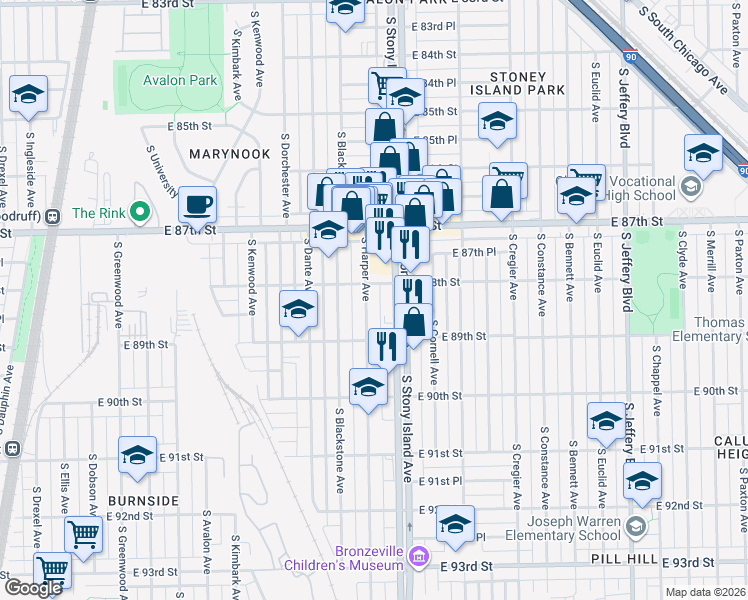map of restaurants, bars, coffee shops, grocery stores, and more near 8819 South Harper Avenue in Chicago
