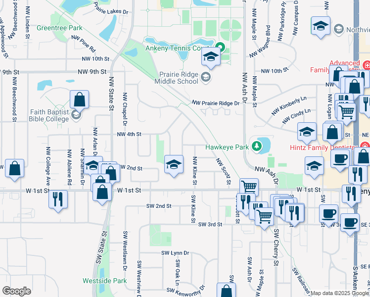 map of restaurants, bars, coffee shops, grocery stores, and more near 313 Northwest Bramble Road in Ankeny