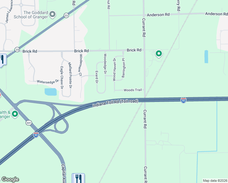 map of restaurants, bars, coffee shops, grocery stores, and more near Wood Haven Court in Granger