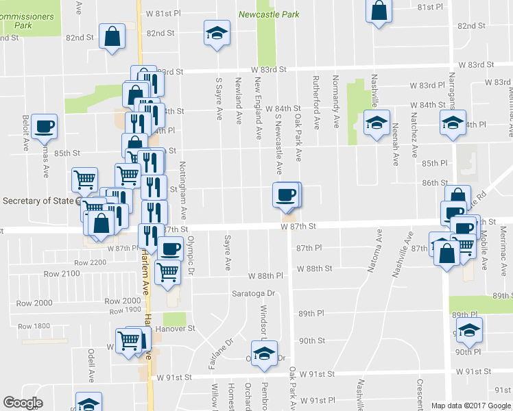 map of restaurants, bars, coffee shops, grocery stores, and more near 8618 New England Avenue in Burbank