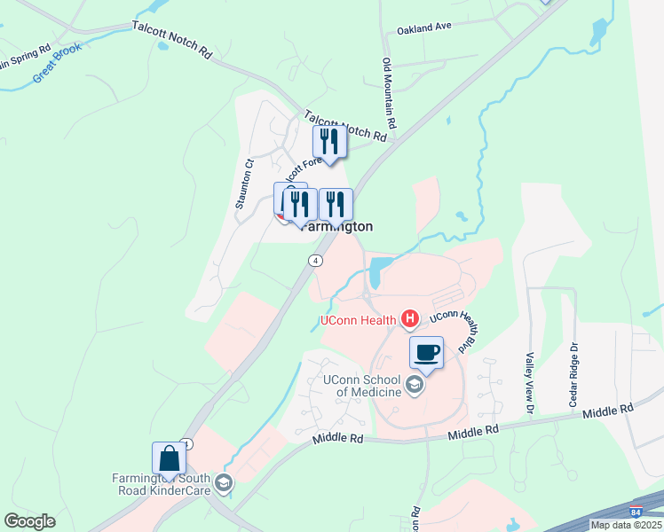 map of restaurants, bars, coffee shops, grocery stores, and more near 263 Farmington Avenue in Farmington