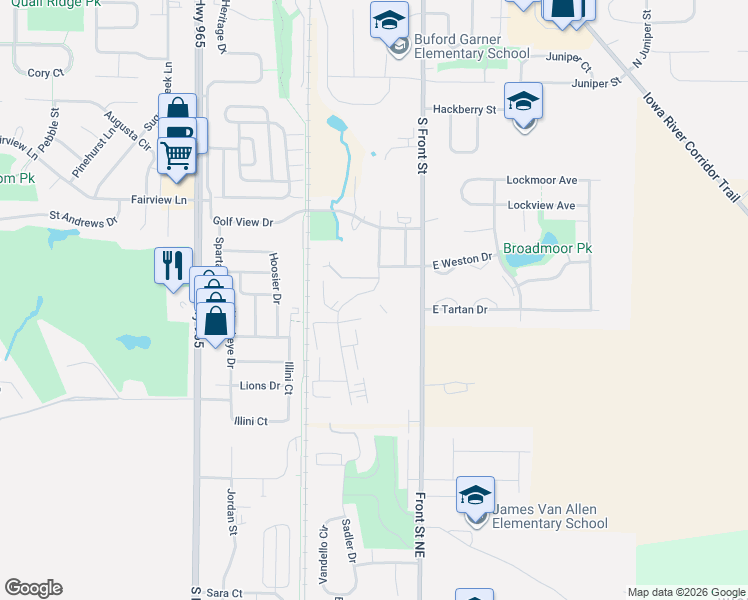map of restaurants, bars, coffee shops, grocery stores, and more near 750 Rachael Street in North Liberty