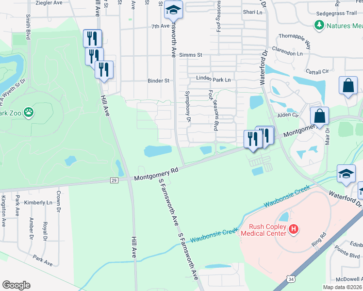 map of restaurants, bars, coffee shops, grocery stores, and more near 1107 Symphony Drive in Aurora
