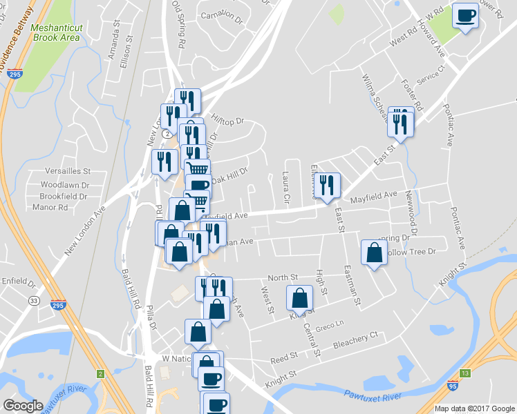map of restaurants, bars, coffee shops, grocery stores, and more near 255 Mayfield Avenue in Cranston