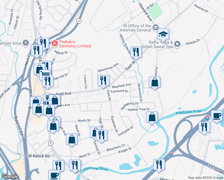 map of restaurants, bars, coffee shops, grocery stores, and more near 8 Fairwood Drive in Cranston