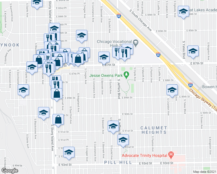 map of restaurants, bars, coffee shops, grocery stores, and more near 8818 South Euclid Avenue in Chicago