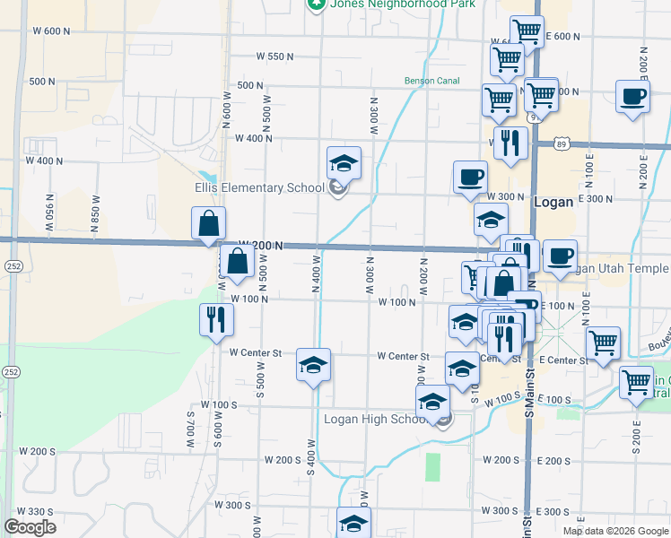 map of restaurants, bars, coffee shops, grocery stores, and more near 372 West 200 North in Logan