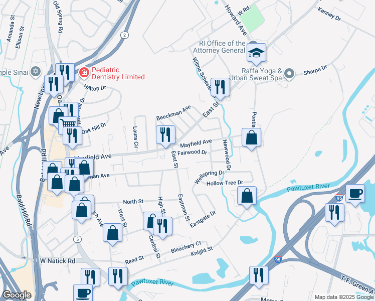 map of restaurants, bars, coffee shops, grocery stores, and more near 26 Fairwood Drive in Cranston