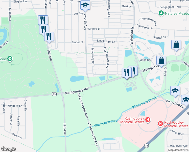 map of restaurants, bars, coffee shops, grocery stores, and more near 1125 Symphony Drive in Aurora
