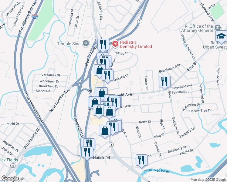 map of restaurants, bars, coffee shops, grocery stores, and more near 25 Woodrow Ave in Cranston