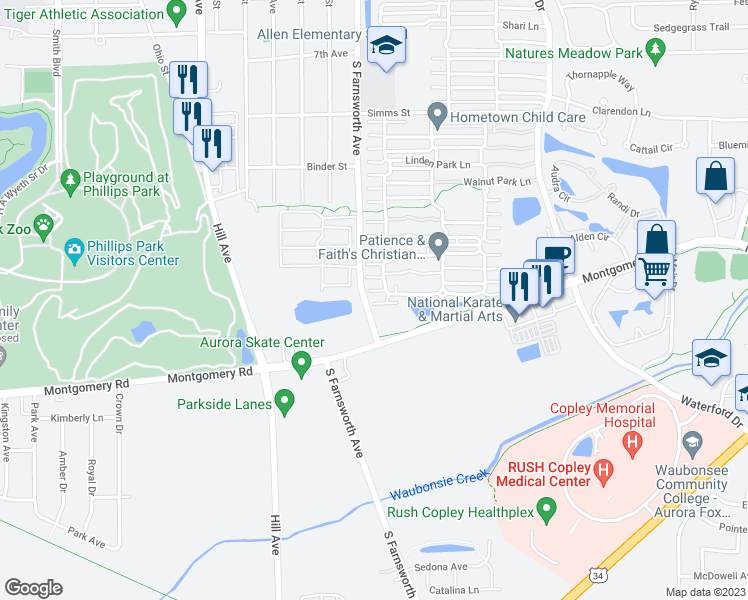 map of restaurants, bars, coffee shops, grocery stores, and more near 1109 Symphony Drive in Aurora