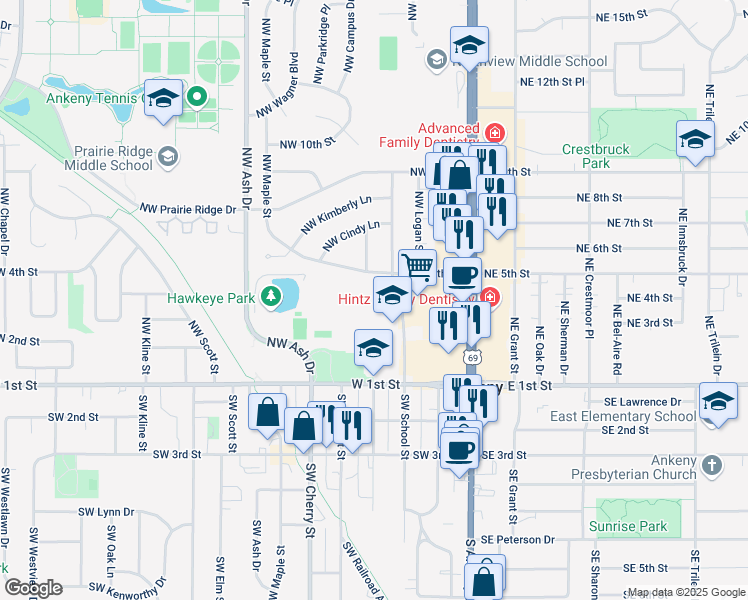 map of restaurants, bars, coffee shops, grocery stores, and more near 310 Northwest School Street in Ankeny