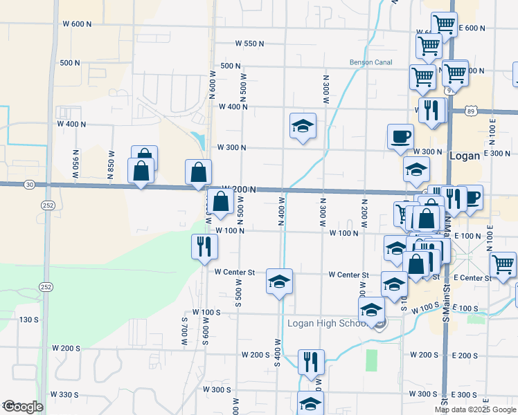 map of restaurants, bars, coffee shops, grocery stores, and more near 165 1/2 North 400 West in Logan