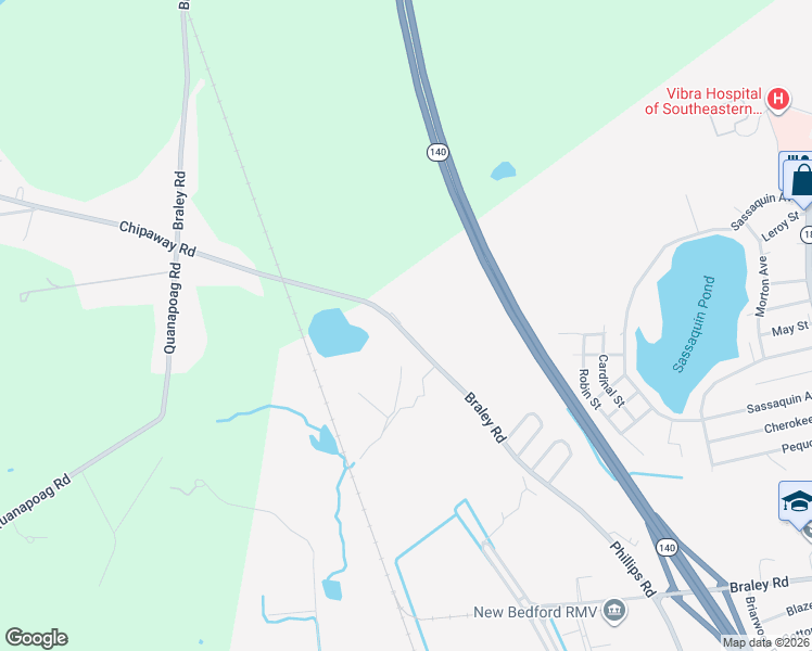 map of restaurants, bars, coffee shops, grocery stores, and more near 1595 Braley Road in New Bedford