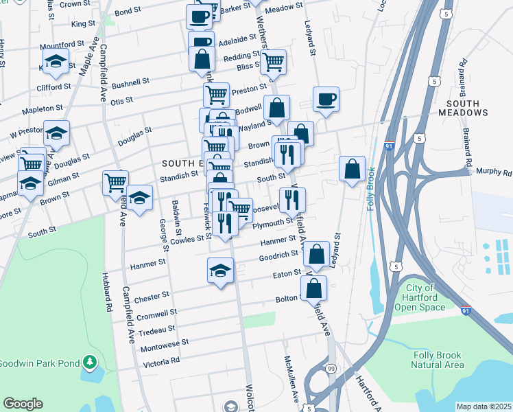 map of restaurants, bars, coffee shops, grocery stores, and more near 64 Roosevelt Street in Hartford