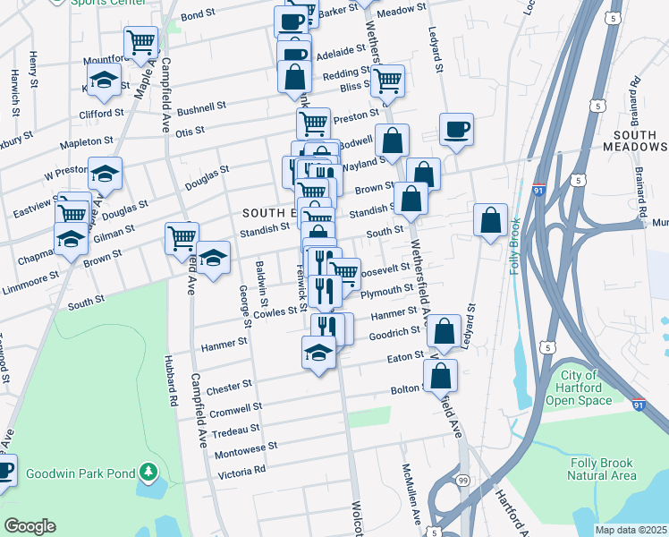 map of restaurants, bars, coffee shops, grocery stores, and more near 523 Franklin Avenue in Hartford