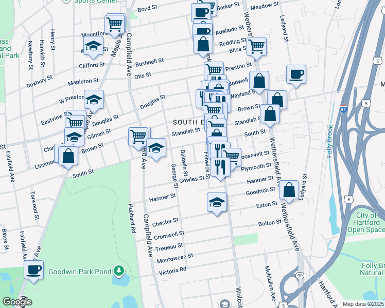 map of restaurants, bars, coffee shops, grocery stores, and more near 16 Baldwin Street in Hartford