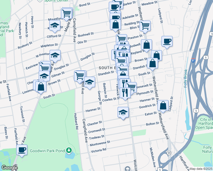 map of restaurants, bars, coffee shops, grocery stores, and more near 16 Baldwin Street in Hartford