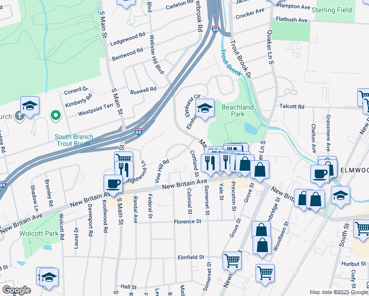 map of restaurants, bars, coffee shops, grocery stores, and more near 89 Vine Hill Road in West Hartford