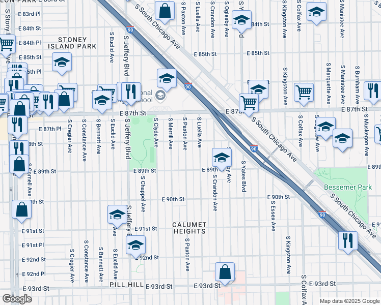 map of restaurants, bars, coffee shops, grocery stores, and more near 8826 South Luella Avenue in Chicago