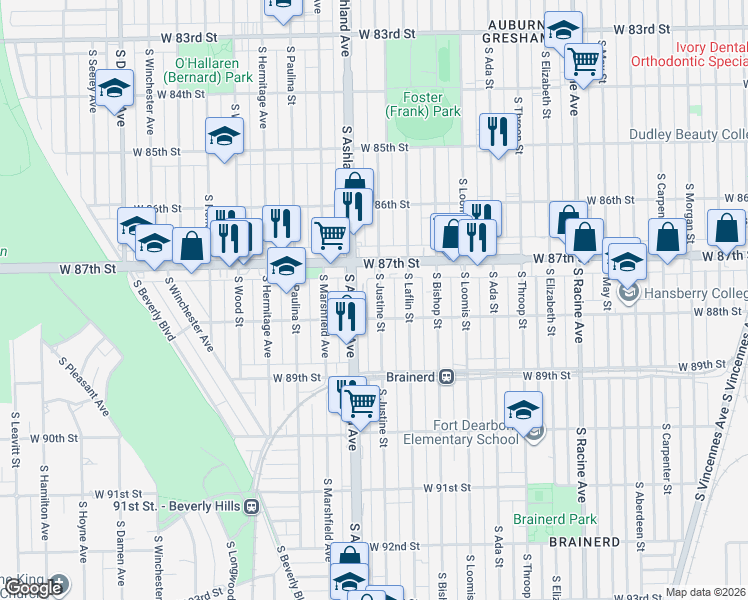 map of restaurants, bars, coffee shops, grocery stores, and more near 8737 South Justine Street in Chicago