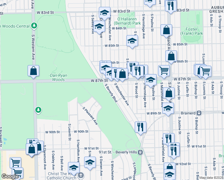 map of restaurants, bars, coffee shops, grocery stores, and more near 8715 South Beverly Boulevard in Chicago